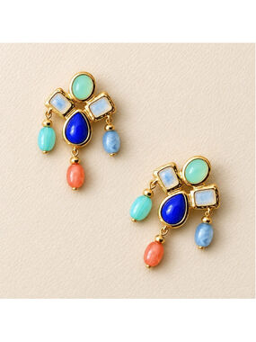 Art Deco Gold Multicolor Zara Cabochon Chandelier Earrings Geometric Boho Y2K